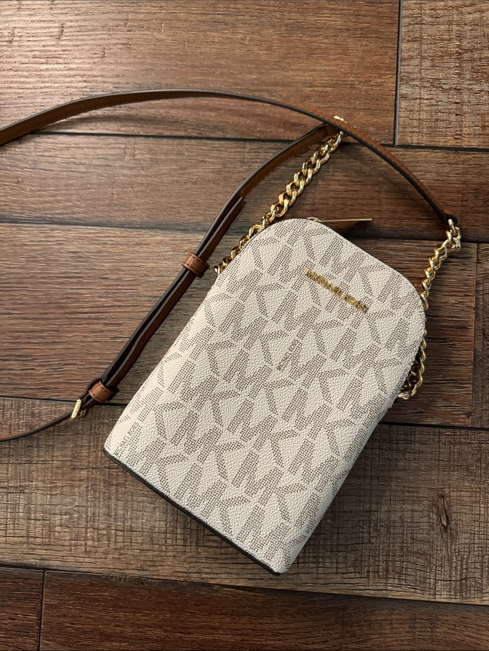 Michael Kors Beige and Brown Signature Crossbody with Gold Chain